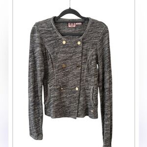 Vintage Juicy Couture Gray Space Dyed Double Breasted Ruffle Back Cardigan P